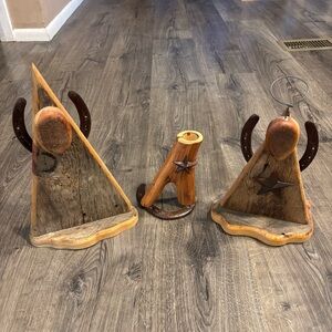 Set of Rustic Barnwood Angel Figurines with Horseshoe Wings & Candle Holder